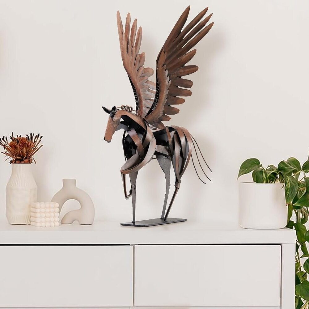 Horse Statue Décor Artwork 24" H Metal Pegasus Greek Flying Sculpture Brown - Picture 5 of 6